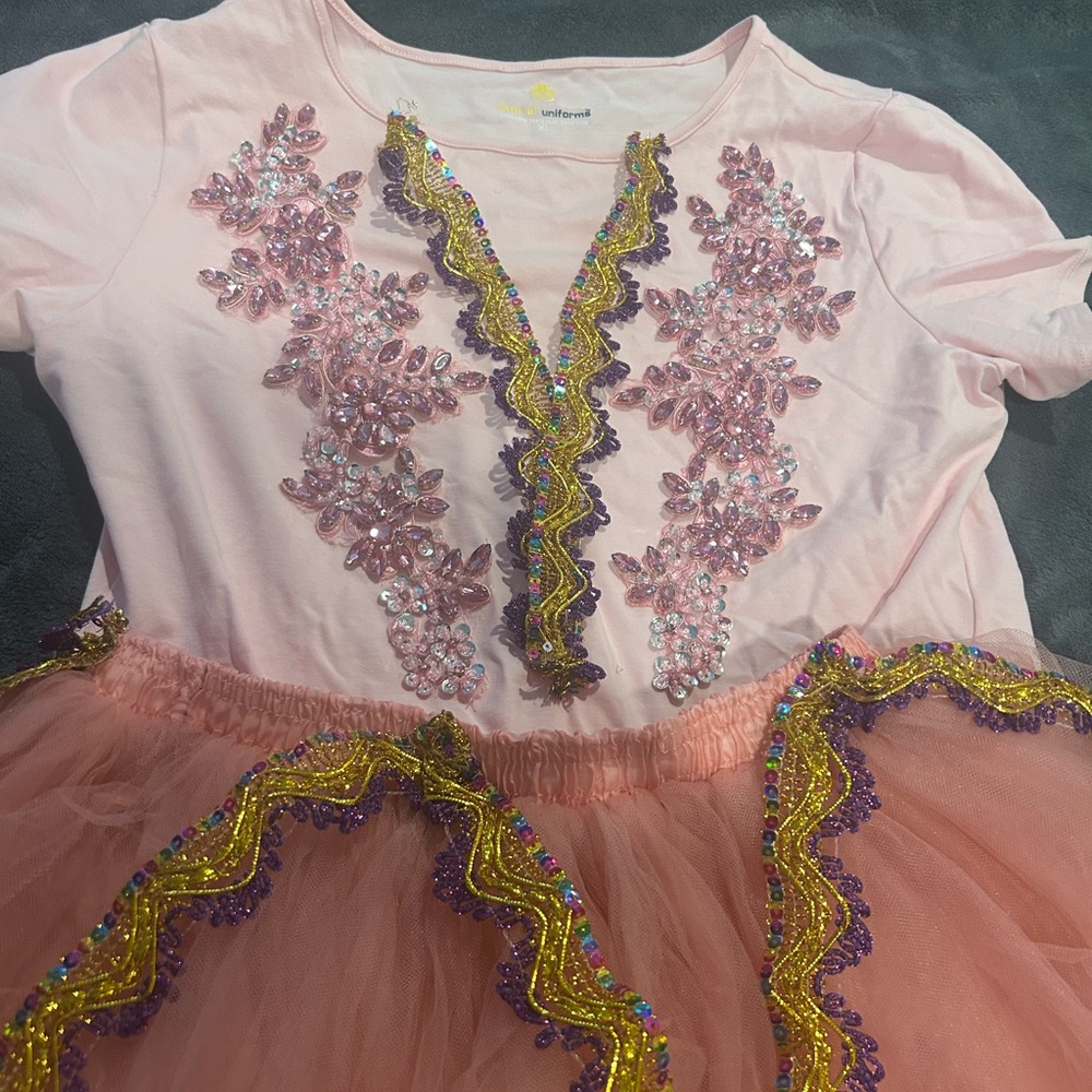 Elegant Pink Dance Dress with Gold and Purple Embellishments